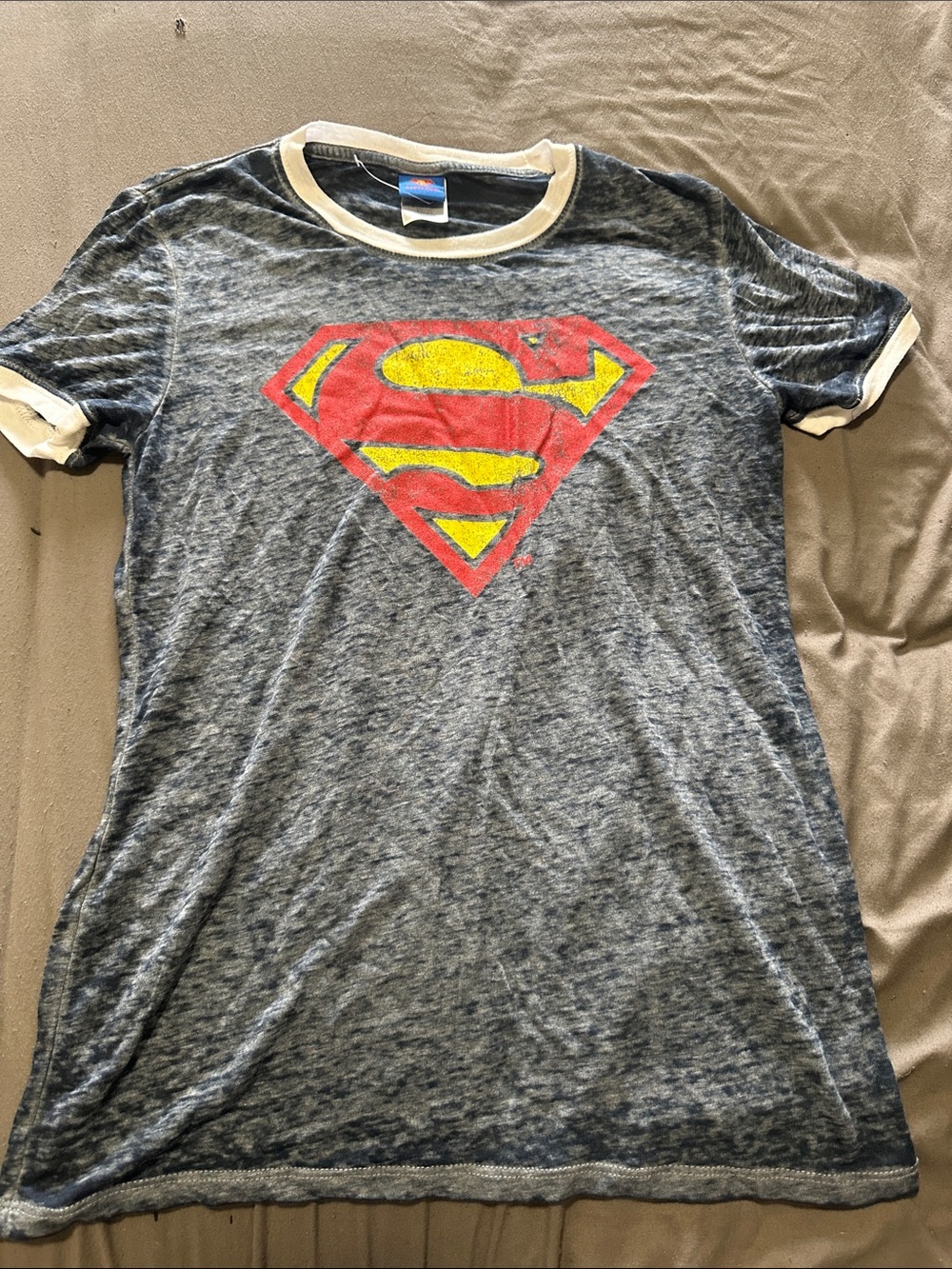 DC Comics Gray Ringer Tee with Red & Yellow Superman Shield